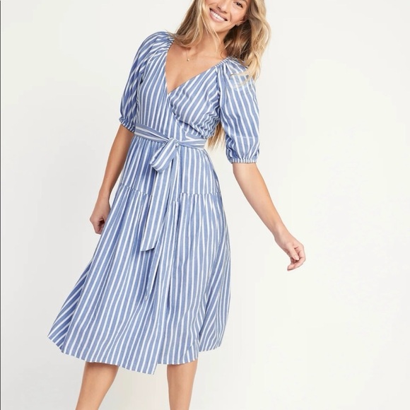 Old Navy Women M Stripe Blue White Midi Wrap Dress Modest Elbow Sleeves Nautical - Picture 1 of 11